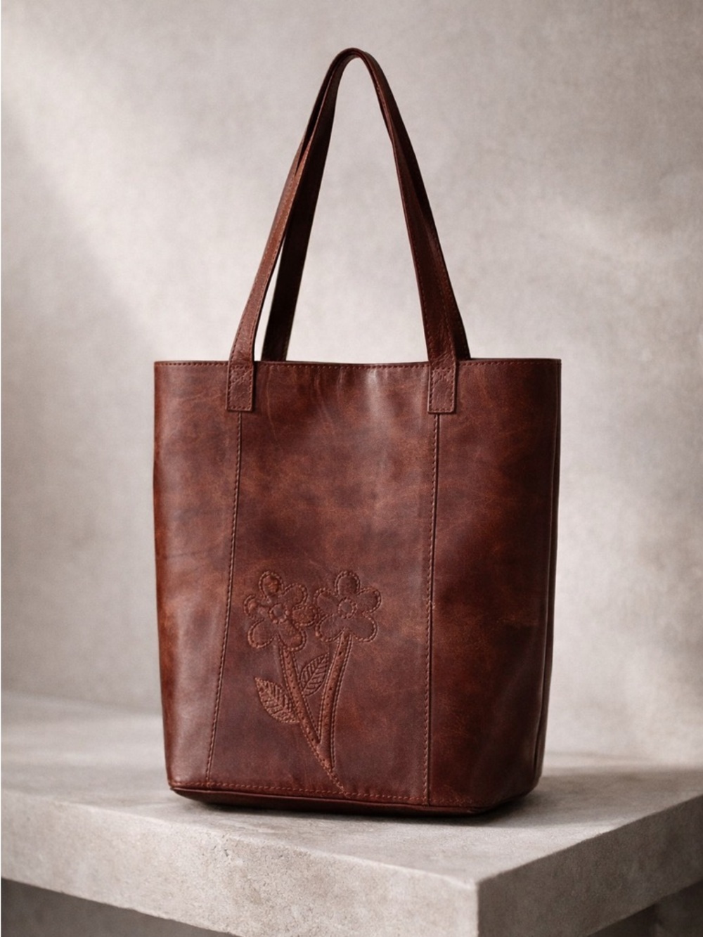 Artisan Brown Leather Tote Structured Bucket Bag Handmade Large